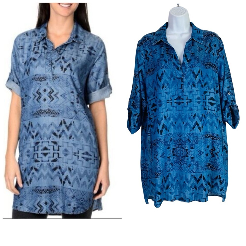Blue Aztec Print Tunic Dress - Casual Shirt Dress